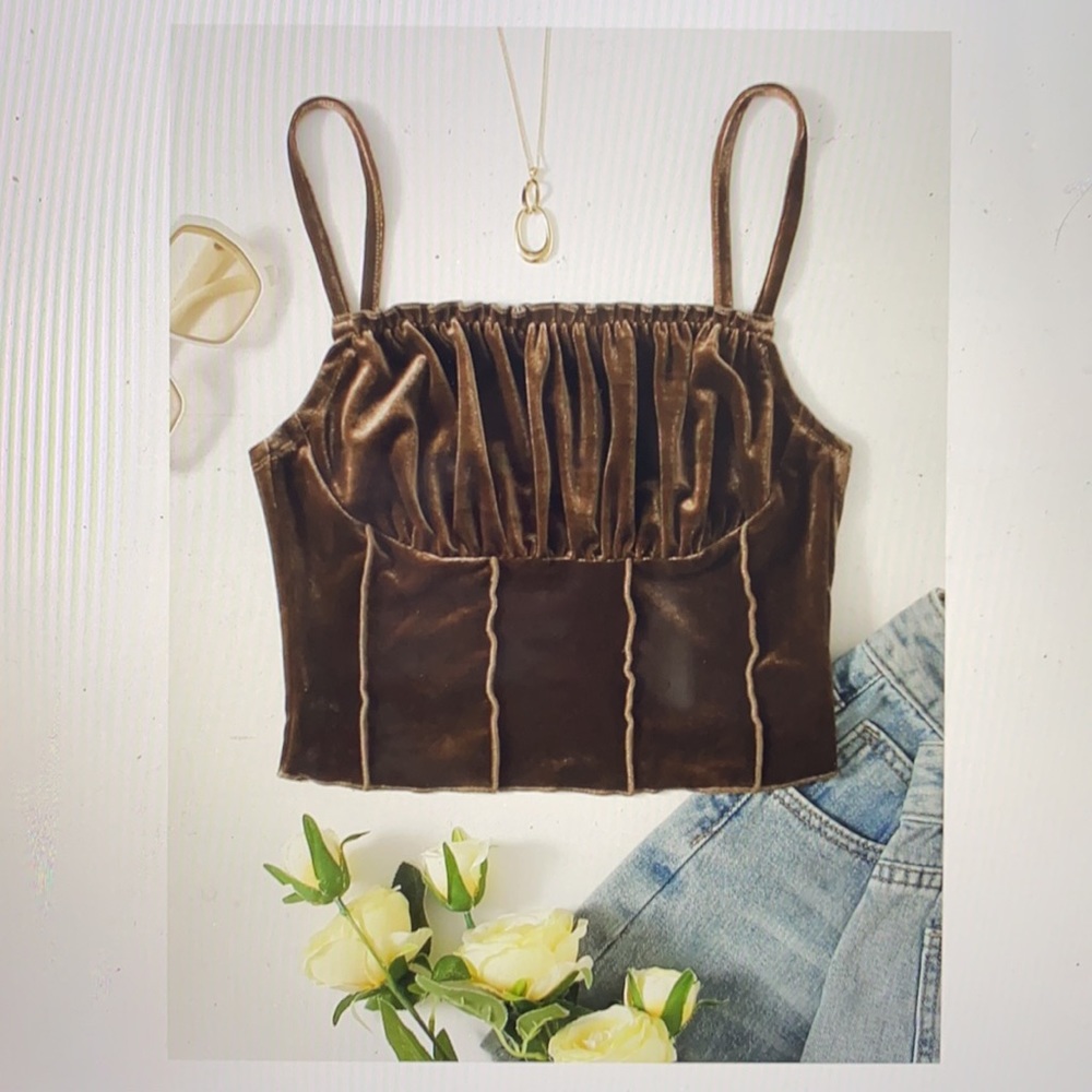 Frill Trim Ruched Bust Velvet Crop - Picture 4 of 4